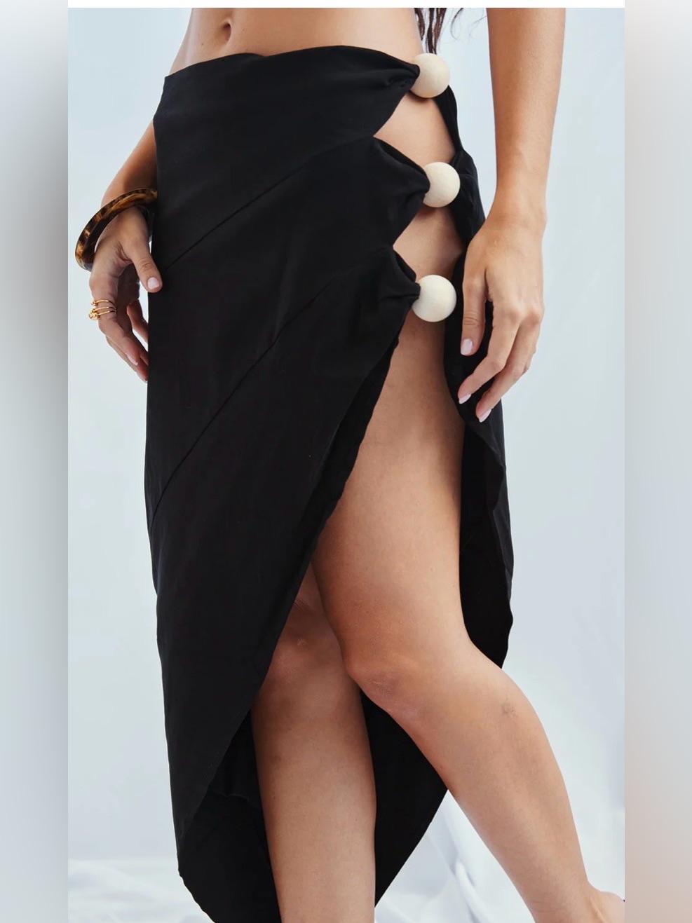 Black Asymmetrical Slit Skirt With Decorative Buttons